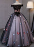 Princess Black Tulle off Shoulder Long Evening Dress with Appliqués, Sweet 16 Dresses