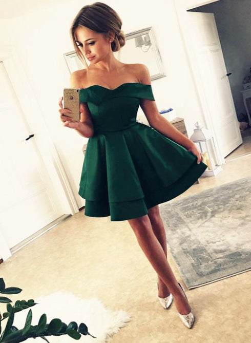 Green Satin Layers Off Shoulder Short Party Dress, Green Homecoming Dress Graduation Dress
