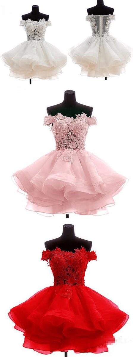 Off the Shoulder Blue Organza Ivory Lace Prom Dresses LBQ0779