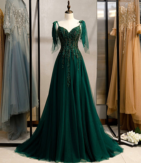 Dark Green Beaded Tulle Straps A-line Formal Dresses, Green Evening Dress Prom Dresses