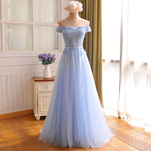 Elegant Light Blue Lace Applique Top Long Party Dress, Off Shoulder Bridesmaid Dress