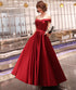 Dark Red Off Shoulder Satin Long Prom Dress, Red Evening Dress Bridesmaid Dress