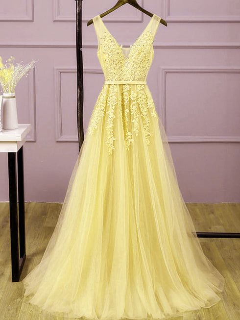 Beautiful Light Yellow Tulle Long Party Dress, A-line Prom Dress Evening Gowns