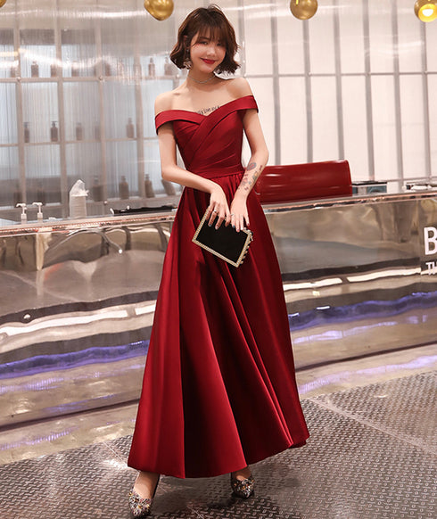 Dark Red Off Shoulder Satin Long Prom Dress, Red Evening Dress Bridesmaid Dress
