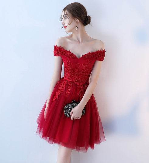 Lovely Dark Red Tulle Short Homecoming Dress, Wine Red Prom Dress