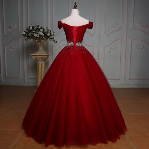 Wine Red Ball Gown Off Shoulder Beaded Party Dress, Tulle Off Shoulder Prom Dress