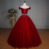 Wine Red Ball Gown Off Shoulder Beaded Party Dress, Tulle Off Shoulder Prom Dress