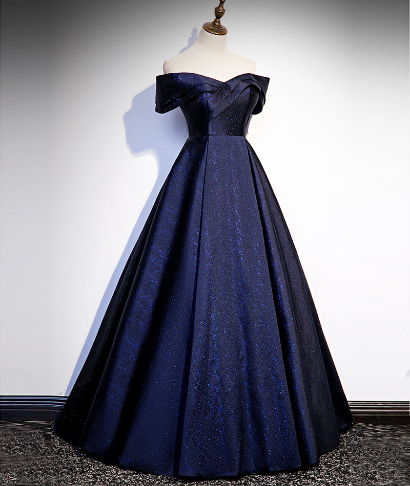 A-line Navy Blue Velvet Off Shoulder Long Formal Dress, Navy Blue Velvet Prom Dress with Bow