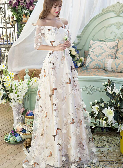 Beautiful Light Champange Off Shoulder Long Party Dress, A-line Floor Length Prom Dress