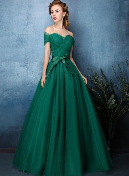 Dark Green Off Shoulder Sweetheart Tulle Prom Dress, Green Evening Dress Party Dress