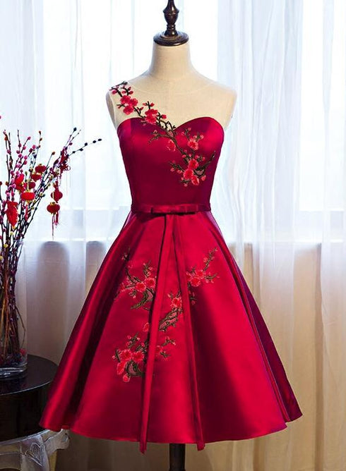 Beautiful Red Satin Knee Length Party Dress, Cute Bridesmaid Dress