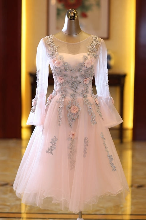 Adorable Pink Tulle Knee Length Long Sleeves Party Dress, Pink Homecoming Dress
