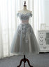 Beautiful Grey Tea Length Formal Dress with Lace, Grey Bridesmaid Dress