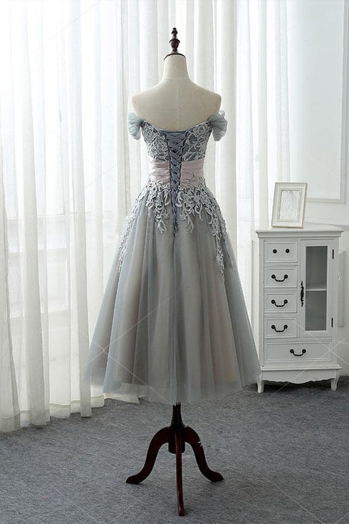 Beautiful Grey Tea Length Formal Dress with Lace, Grey Bridesmaid Dress