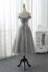 Beautiful Grey Tea Length Formal Dress with Lace, Grey Bridesmaid Dress