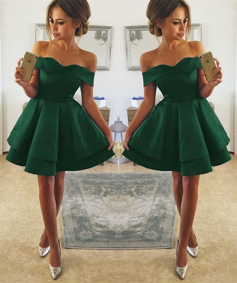 Green Satin Layers Off Shoulder Short Party Dress, Green Homecoming Dress Graduation Dress