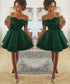 Green Satin Layers Off Shoulder Short Party Dress, Green Homecoming Dress Graduation Dress