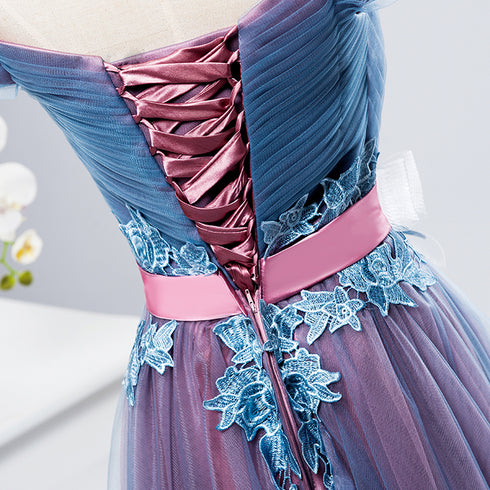 Stunning Off Shoulder Long Party Dress, Blue and Pink Prom Dresses