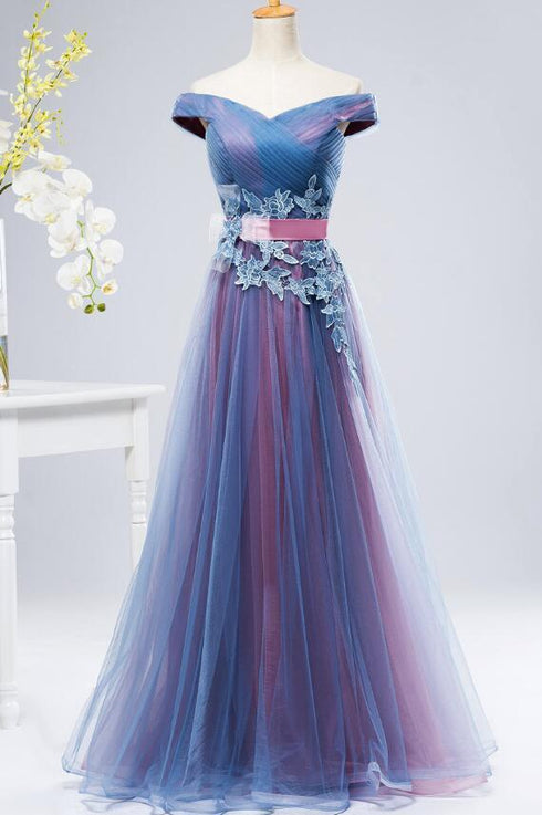 Stunning Off Shoulder Long Party Dress, Blue and Pink Prom Dresses