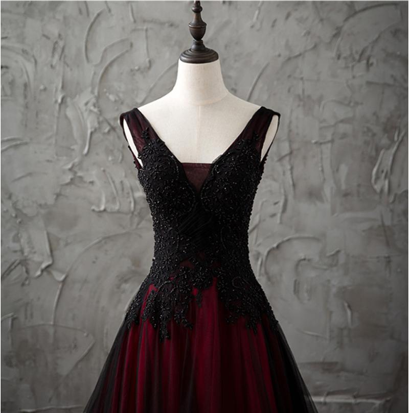 Black and Red V-Neck Lace Long Prom Dress, Beautiful A-Line Evening Party Dress US 16 / Custom Color Black and Red V-Neck Lace Long Prom Dress, Beautiful A-Line Evening Party Dress US 16 / Custom Color