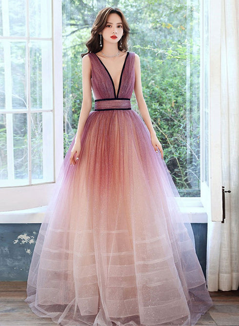 Beautiful Tulle Gradient V-neckline Long Party Dress, A-line Prom Dress New Evening Dress