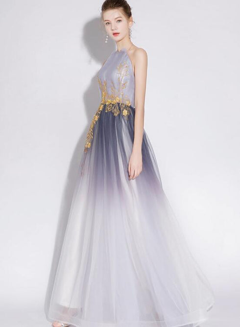 Beautiful Gradient Tulle Long Halter A-line Prom Dress, Charming Flowers Chic Formal Dress