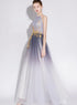 Beautiful Gradient Tulle Long Halter A-line Prom Dress, Charming Flowers Chic Formal Dress
