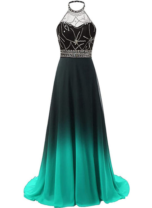 Green and Black Gradient Long Evening Prom Dress, Wedding Party Gowns