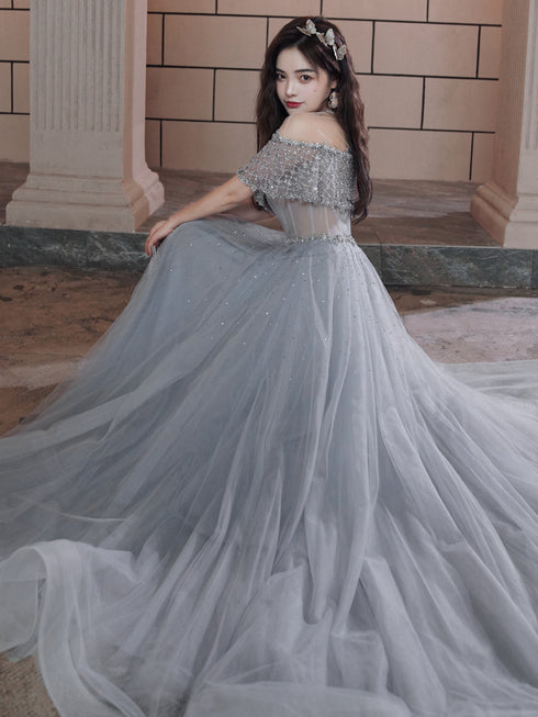 Beautiful Beaded Off Shoulder Tulle Prom Dress, A-line Grey Evening Dress Party Dress