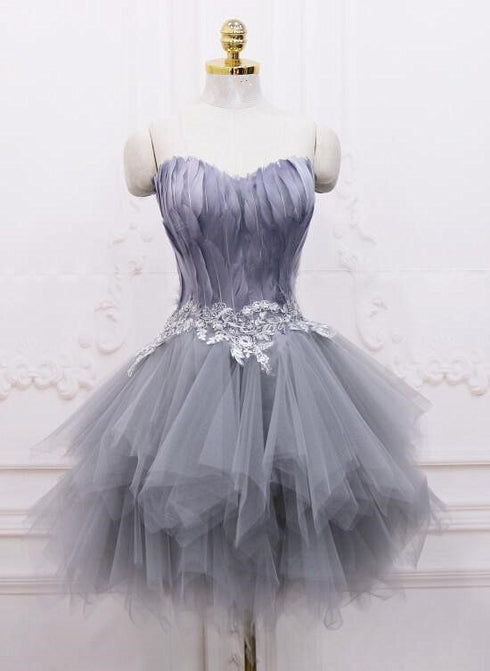 Light Grey Feather and Tulle Short Party Dress, Lovely Homecoming Dress