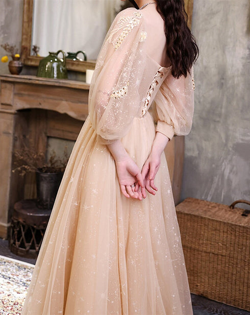 Champagne Puffy Sleeves Tulle Long Prom Dress, A-line Tulle Formal Dress