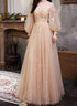 Champagne Puffy Sleeves Tulle Long Prom Dress, A-line Tulle Formal Dress