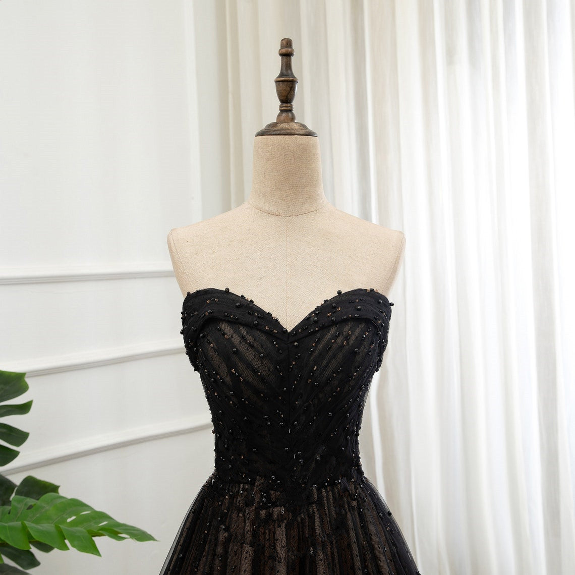 A-line Black Tulle with Lace Applique Party Dress, Black Tulle Sweetheart Long Prom Dress