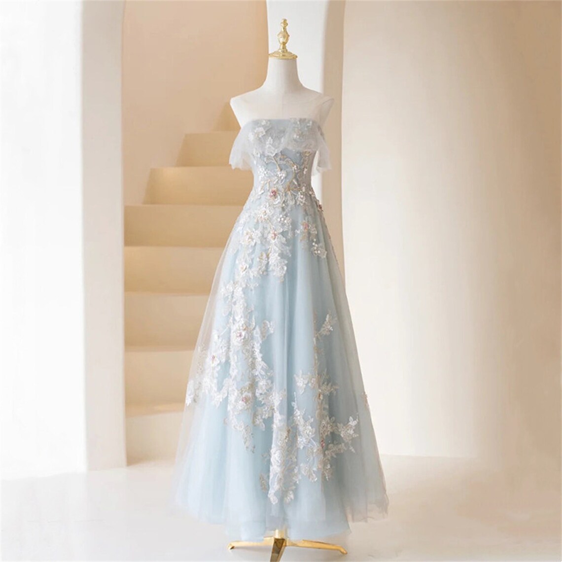 Light Blue Prom Dresses Fairy,Long Blue Tulle Floral Appliques Formal –  BeautyDressy