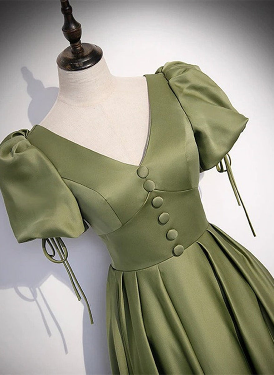 Simple A-Line Satin Green Long Prom Dress Formal Dress With Slit