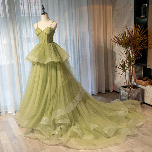 Beautiful Light Green Tulle Layers Ball Gown Wedding Party Dress, Long Evening Dress Prom Dress