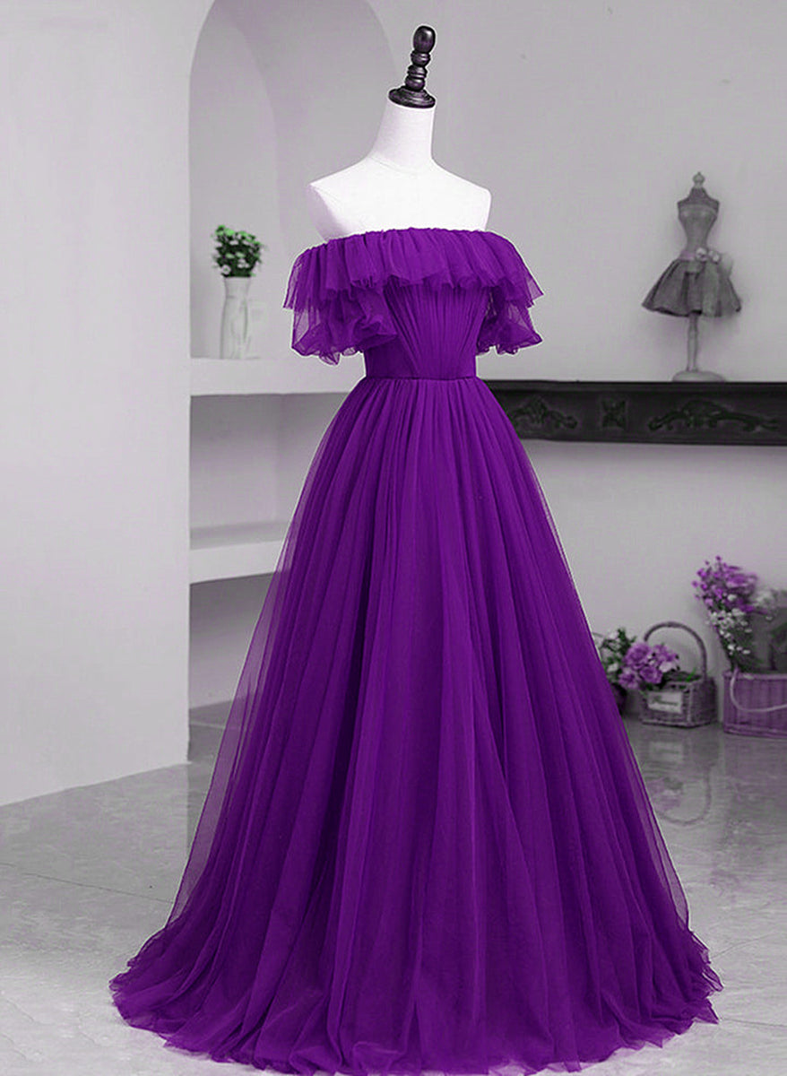 Dark Purple Tulle Off Shoulder Long Party Dress, A-line Purple Prom Dr