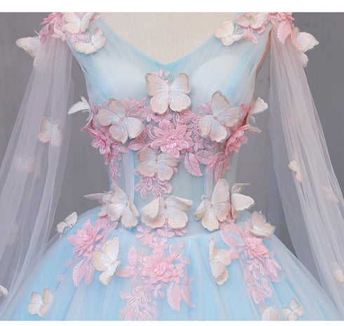 Beautiful Light blue Butterfly Lace Ball Gown Prom Dresses, Sweet 16 Formal Dresses