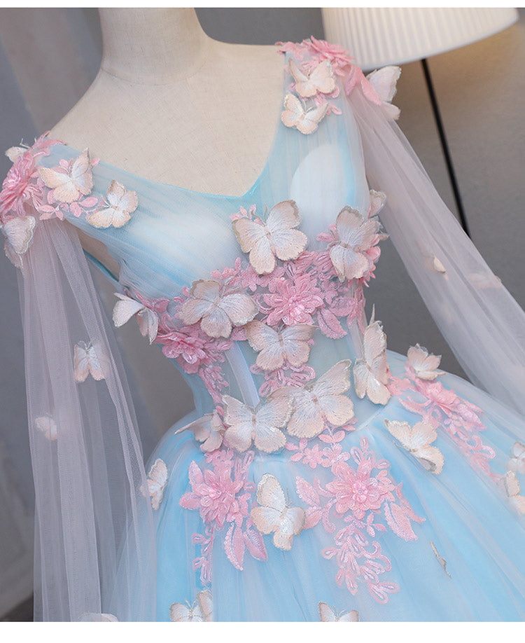 Beautiful Light Blue Butterfly Lace Ball Gown Prom Dresses, Sweet 16 Formal Dresses US size 26W / Blue