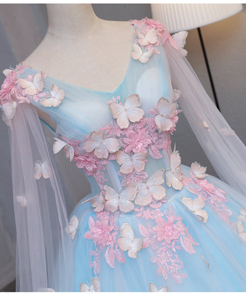 Beautiful Light blue Butterfly Lace Ball Gown Prom Dresses, Sweet 16 Formal Dresses