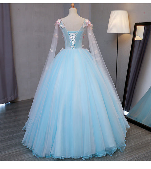 Beautiful Light blue Butterfly Lace Ball Gown Prom Dresses, Sweet 16 Formal Dresses