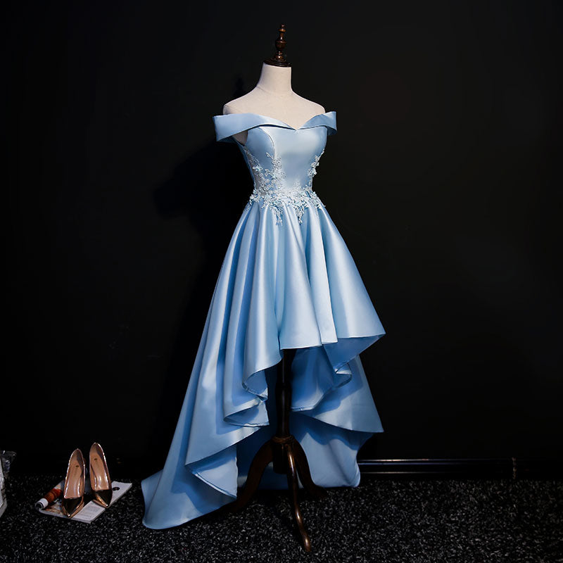 Light Blue Satin with Lace Applique High Low Homecoming Dress, Blue Short Off Shoulder Formal Dress US size 18W / Blue