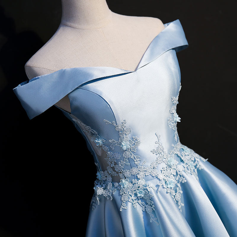 Light Blue Satin with Lace Applique High Low Homecoming Dress, Blue Short Off Shoulder Formal Dress US size 18W / Blue