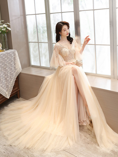 Light Champagne Tulle Slit Beaded Long Prom Dress, Sexy A-line Sequins Formal Dress