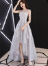Light Grey Lace High Low Round Neckline Homecoming Dress, Beautiful Short Prom Dress