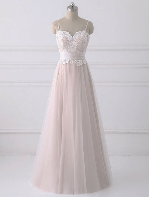 Pink Lace Top Sweetheart Straps A-line Tulle Prom Dress, Pink Formal Dress Evening Dress