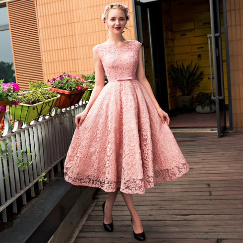 Cute Pink Tea Length Lace Party Dress, Lace Bridesmaid Dress