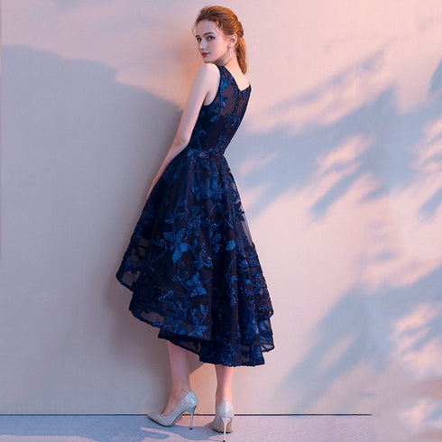 Navy Blue Lace High Low Round Neckline Party Dress, Blue Prom Dress Homecoming Dress
