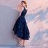 Navy Blue Lace High Low Round Neckline Party Dress, Blue Prom Dress Homecoming Dress