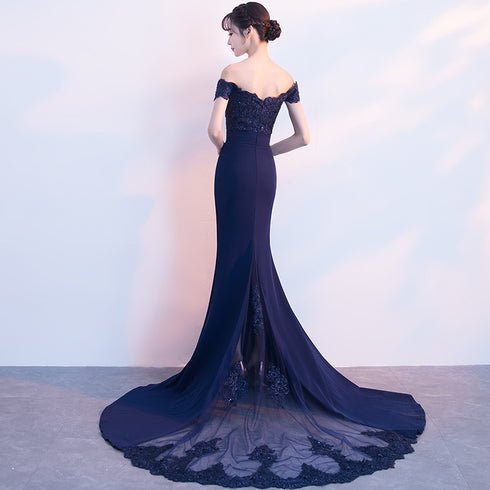 Beautiful Navy Blue Mermaid Lace Long Party Dress, Off Shoulder Evening Dress